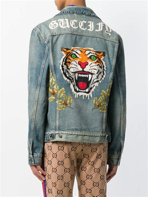 gucci tiger lightweight jacket|Gucci denim animal applique jacket.